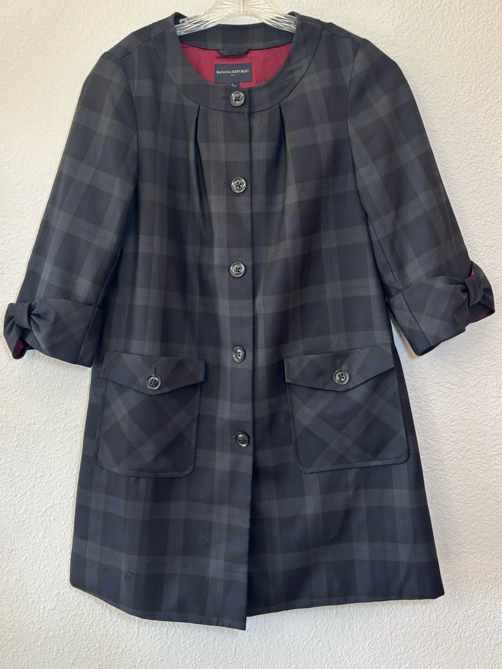 Banana Republic Womens Tartan Plaid Wool Blend Coat Large Black/Navy 3/4 Sleeves